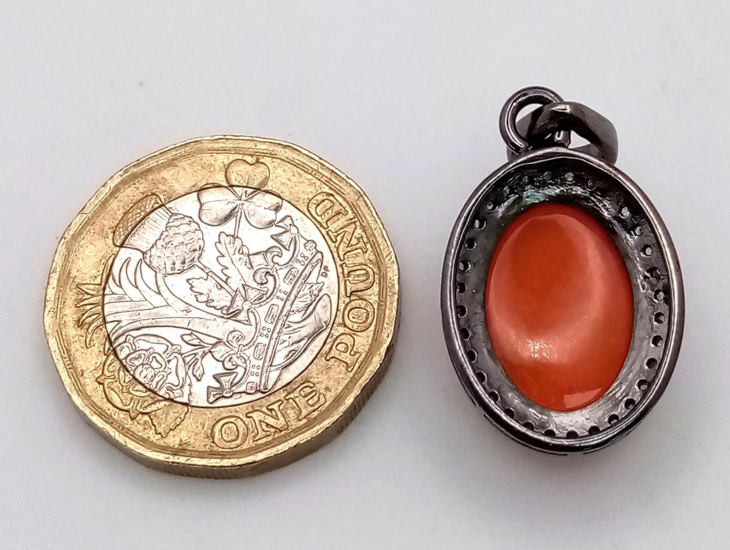 An Australian Fire Opal Cabochon Pendant with a Diamond Surround. 3cm. Ref: CD-1339 - Image 3 of 3