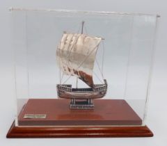A Vintage 950 Silver Sailing Ship Model on Wood Plinth in Display Case. Silver Weight 35 Grams. Case