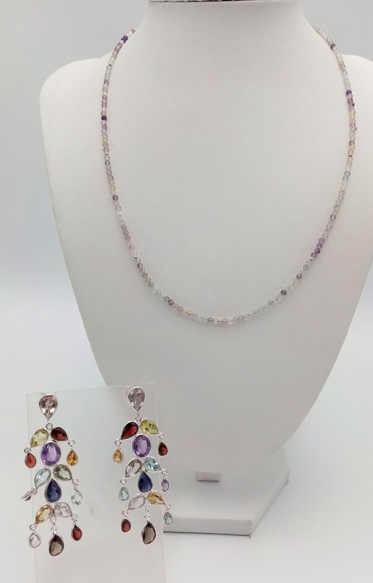 A Pair of Amethyst, Garnet, Citrine and Blue Topaz Drop Earrings -with a Delicate Fluorite Strand
