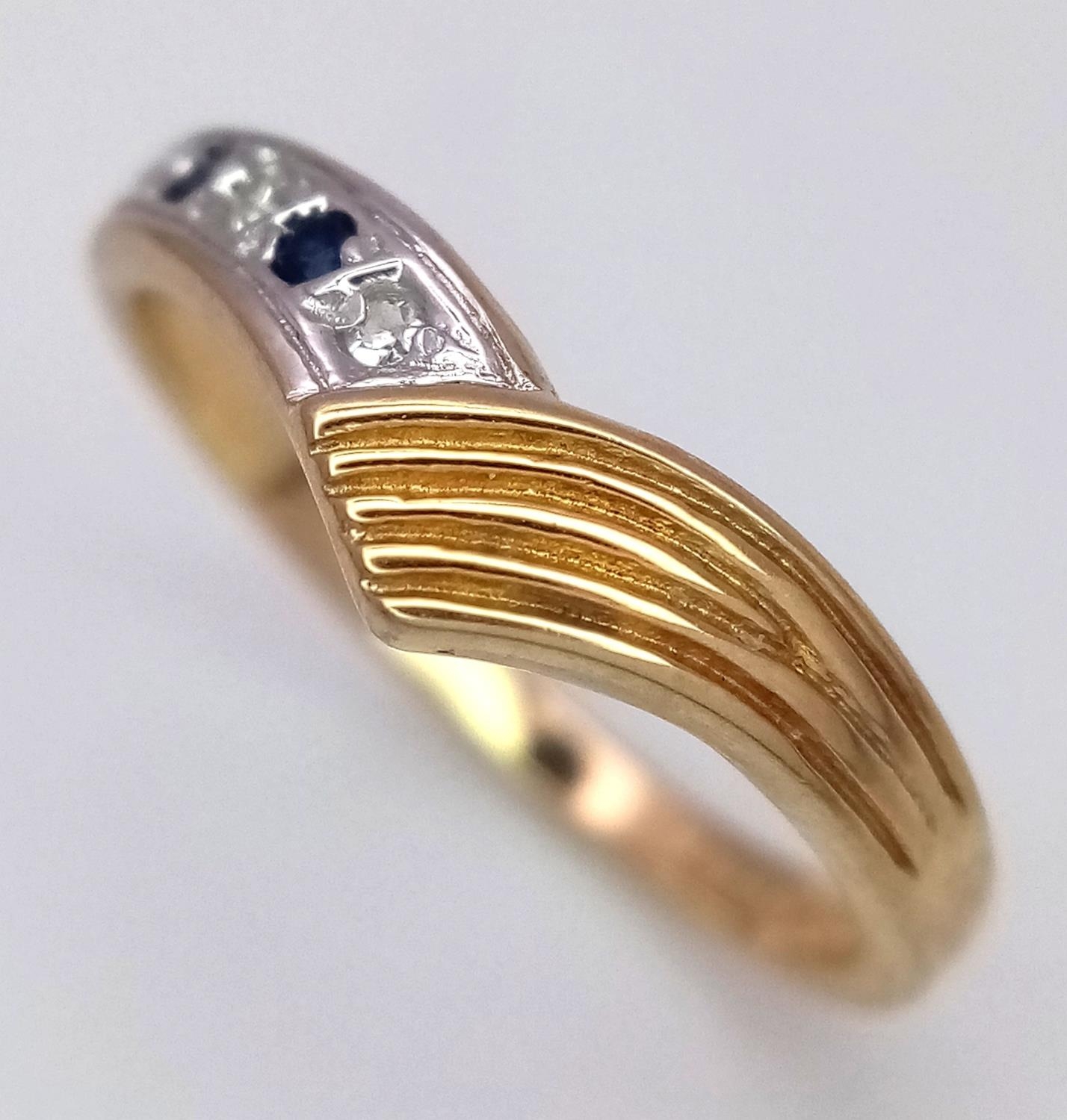 A 9K YELLOW GOLD DIAMOND & SAPPHIRE WISHBONE RING 1.8G SIZE L. ref:SPAS 9009