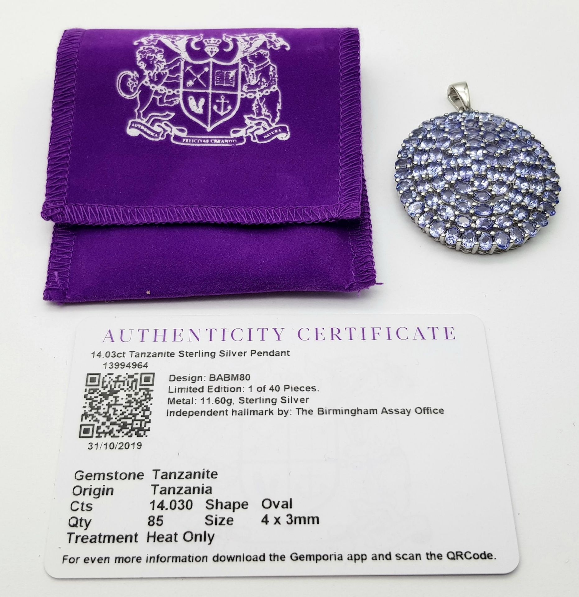 An Unworn, Fully Certified Limited Edition (1 of 40), Sterling Silver Tanzanite Set Pendant. 4.5cm - Image 6 of 6