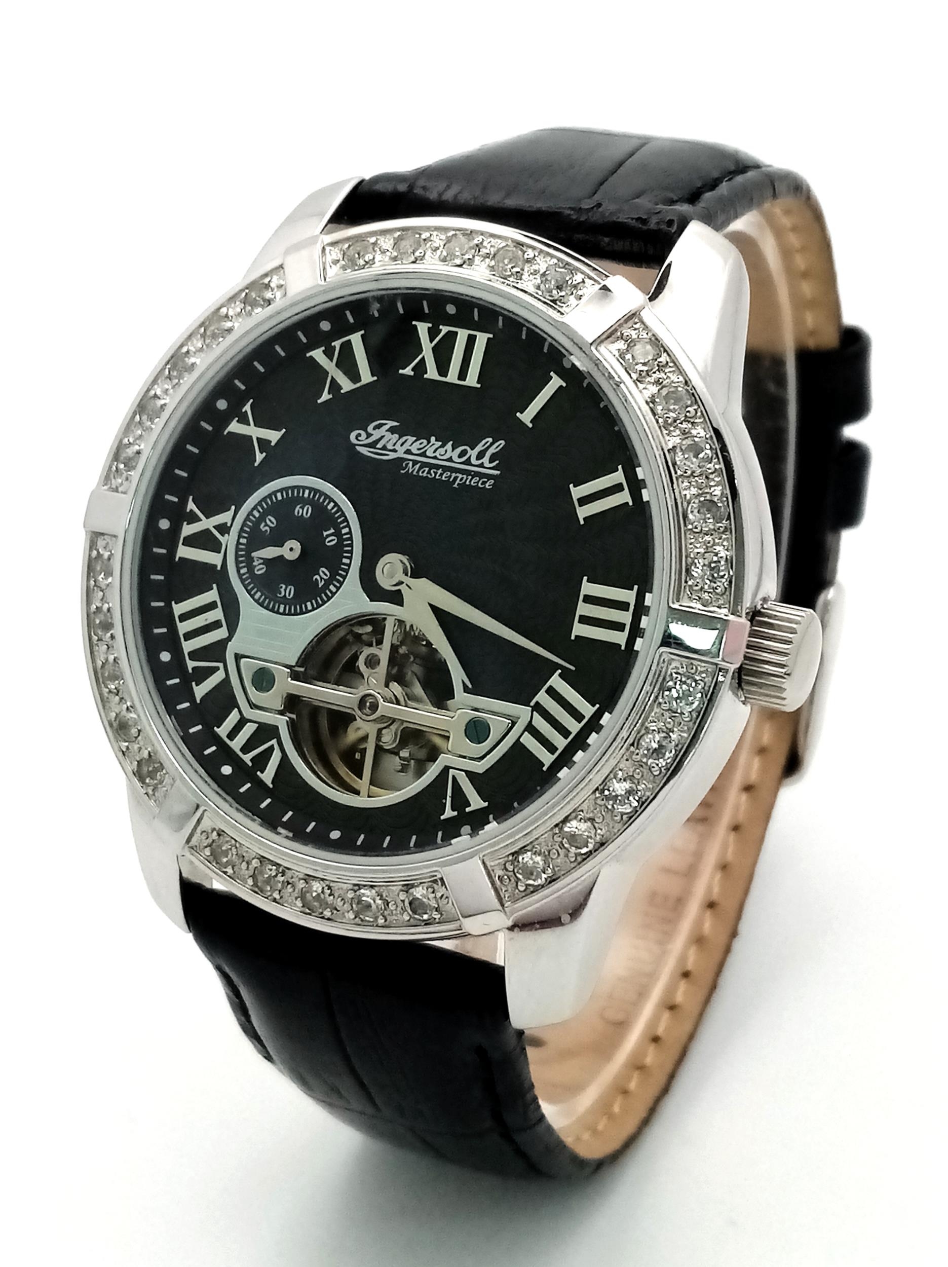 An Ingersoll Masterpiece Skeleton Gents Automatic Watch. Black leather strap. Stainless steel case -