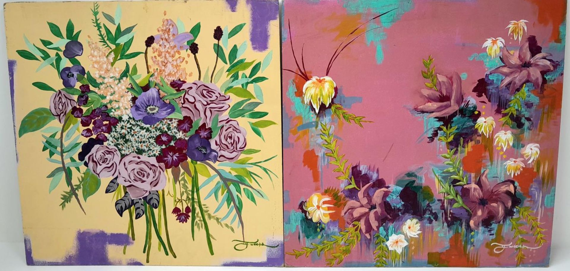 A pair of double sided artworks, acrylic on board, tropical bird design one side, floral decals on - Image 3 of 4