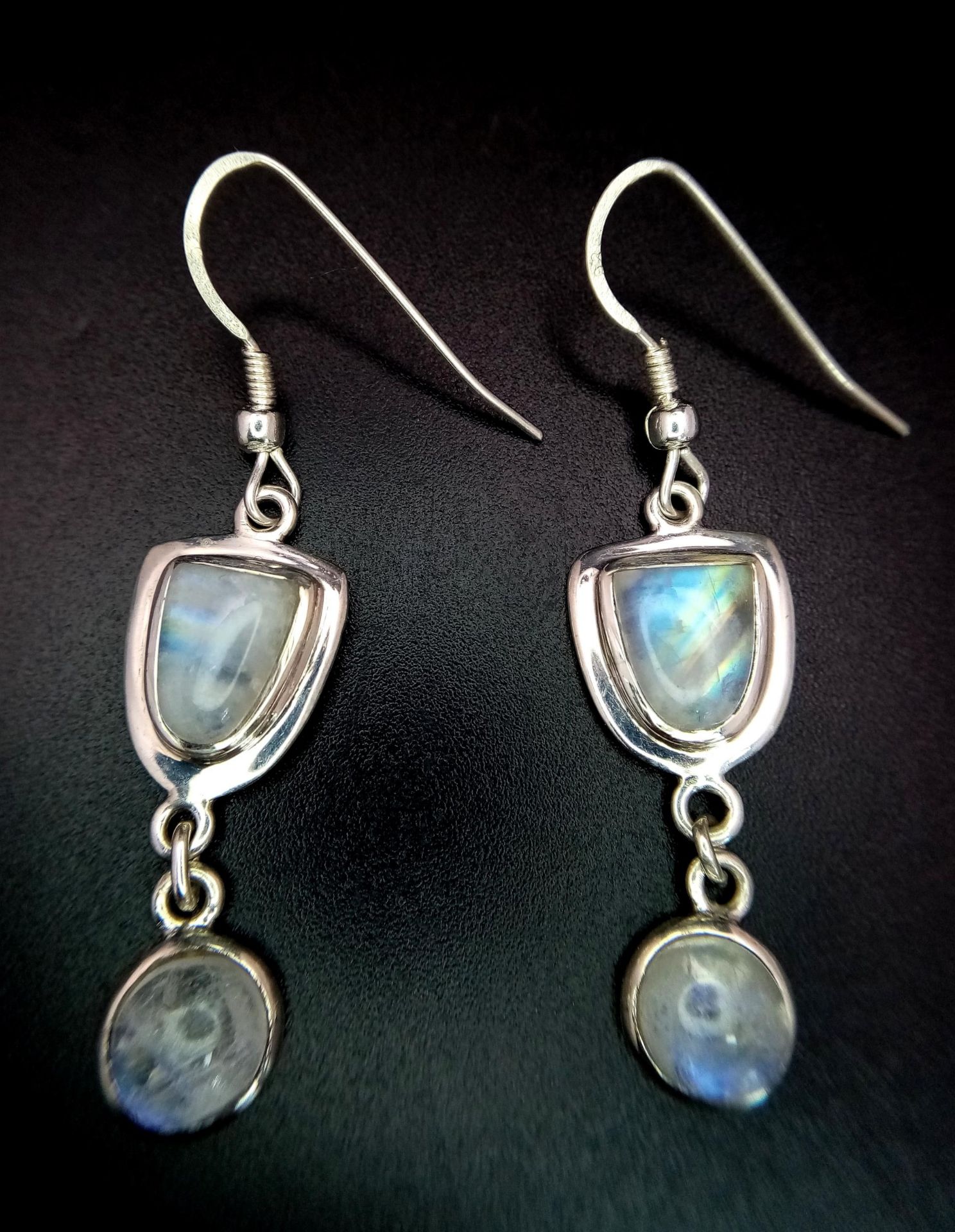 A Pair of Sterling Silver Rainbow Moonstone Earrings. 4.5cm Drop. Set with a 9mm Long Fancy Cut - Image 2 of 4