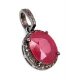 A Ruby and Rose Cut Diamond Pendant. Oval cut. Set in 925 Sterling Silver. 4.90ct ruby. Diamonds -