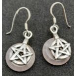 A Pair of Sterling Silver and Rose Quartz Pentacle Earrings. 3cm Drop. Set with 1.5cm Round Wheel