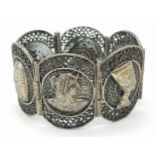 A Vintage Ornate Egyptian Themed Silver Bracelet. Filigree decoration throughout. 17cm. 50g.