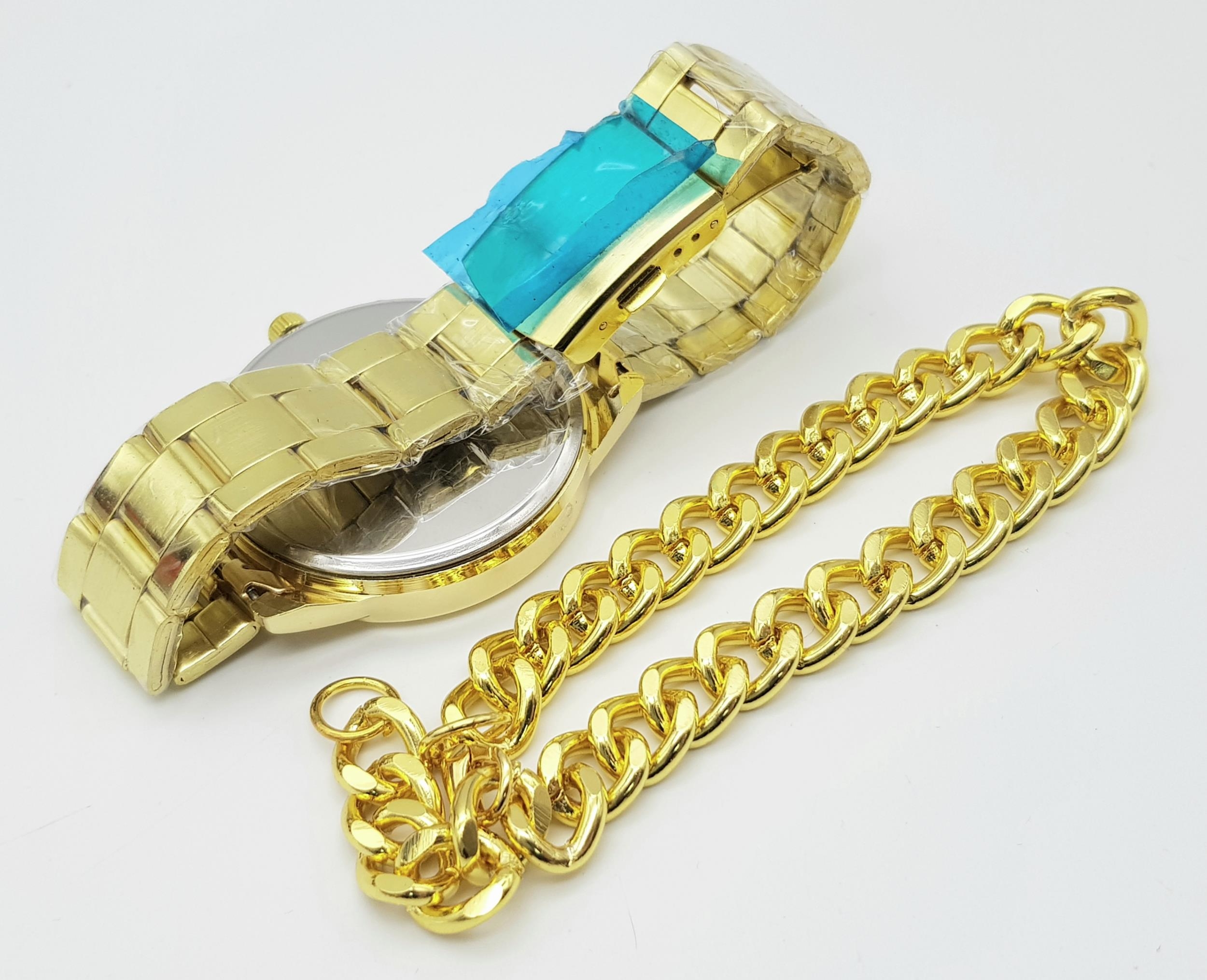 A gold plated Shaarms gents watch accompanied by a gent’s gold plated chain bracelet. Watch has a 42 - Image 3 of 4