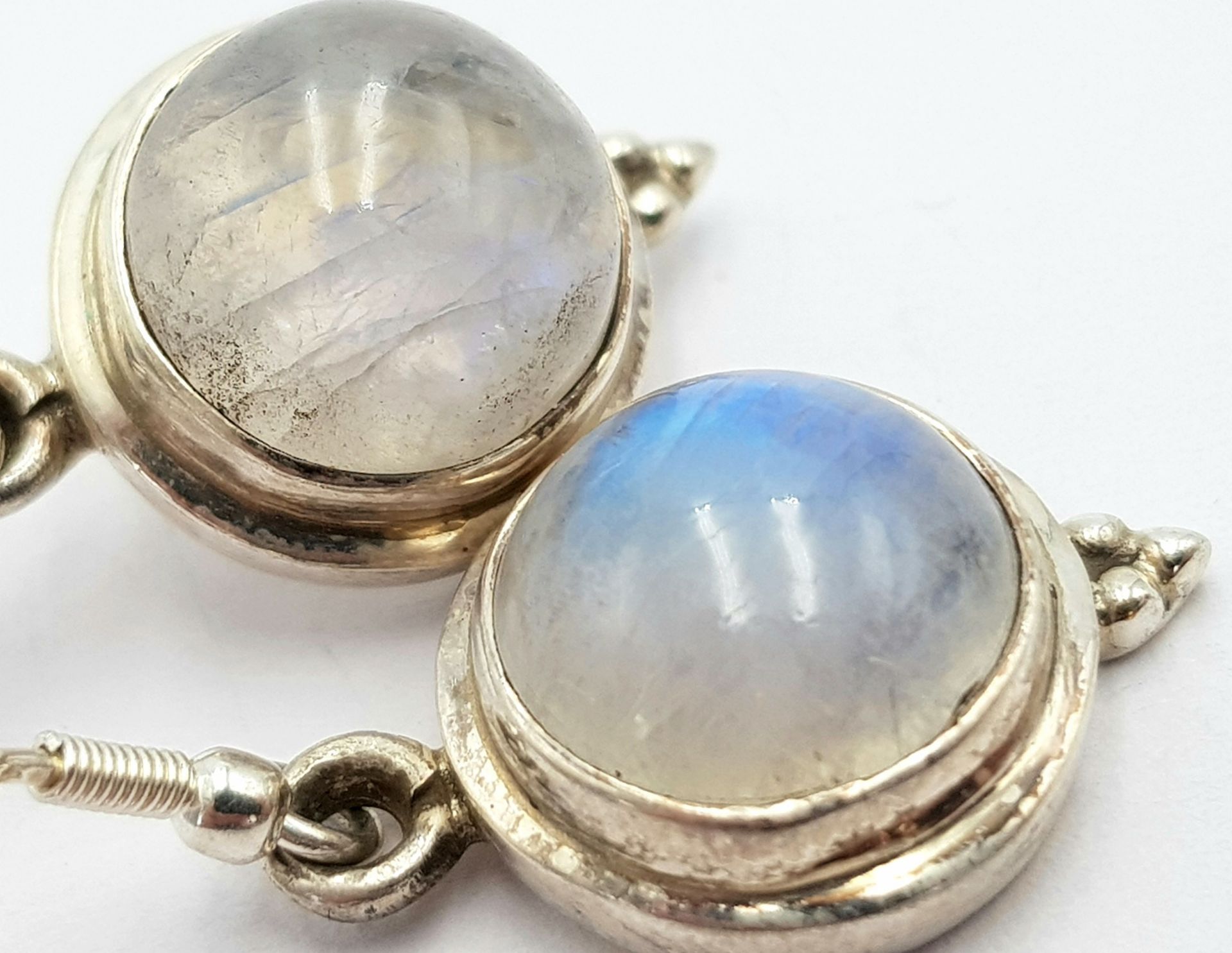 A Pair of Sterling Silver, 1cm Round Cut Cabochon Moonstone Earrings. 3.5cm Drop. - Image 2 of 5