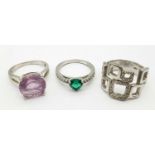 Three 925 Silver Different Style Stone Set Rings. Sizes: 2 x N, 1 x Q.