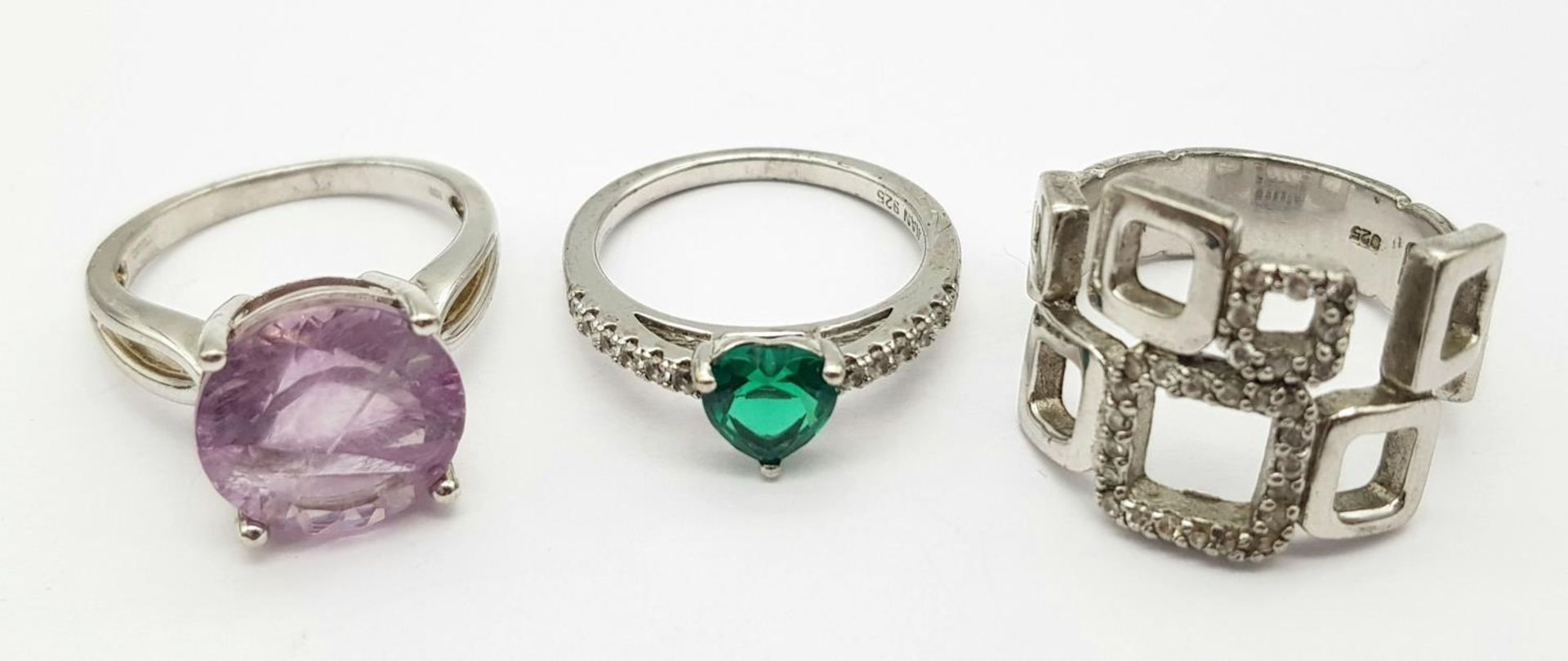 Three 925 Silver Different Style Stone Set Rings. Sizes: 2 x N, 1 x Q.