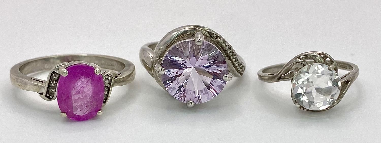 Three 925 Silver Different Style Stone Set Rings. Sizes: 2 X S. 1 X O. (one stone missing from