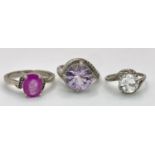 Three 925 Silver Different Style Stone Set Rings. Sizes: 2 X S. 1 X O. (one stone missing from