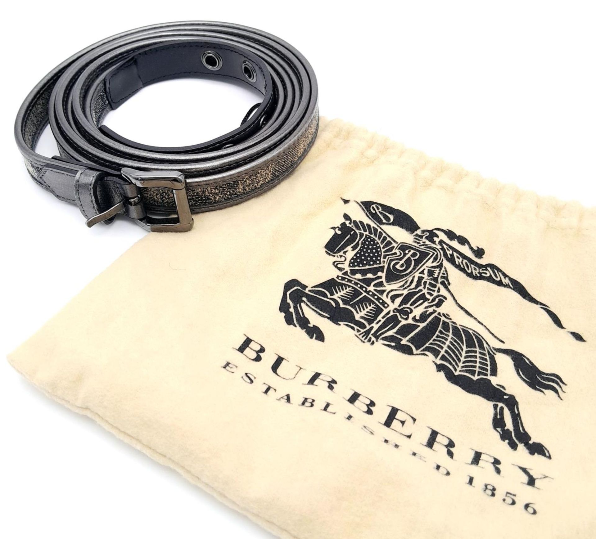 A Burberry Gun Metal Grey Shimmer Double Wrap Belt. Leather and textile with black-toned hardware.