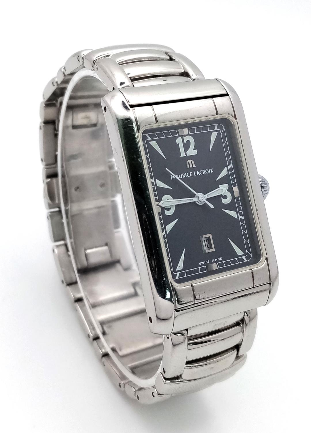 A Maurice Lacroix Quartz Unisex Watch. Stainless steel bracelet and rectangular case - 25mm. Blue - Bild 3 aus 6