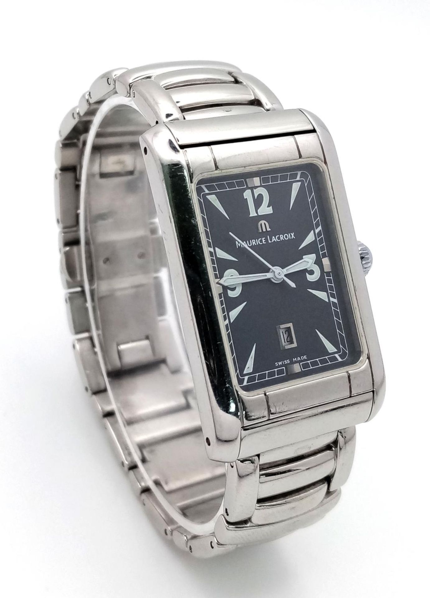 A Maurice Lacroix Quartz Unisex Watch. Stainless steel bracelet and rectangular case - 25mm. Blue - Image 3 of 6