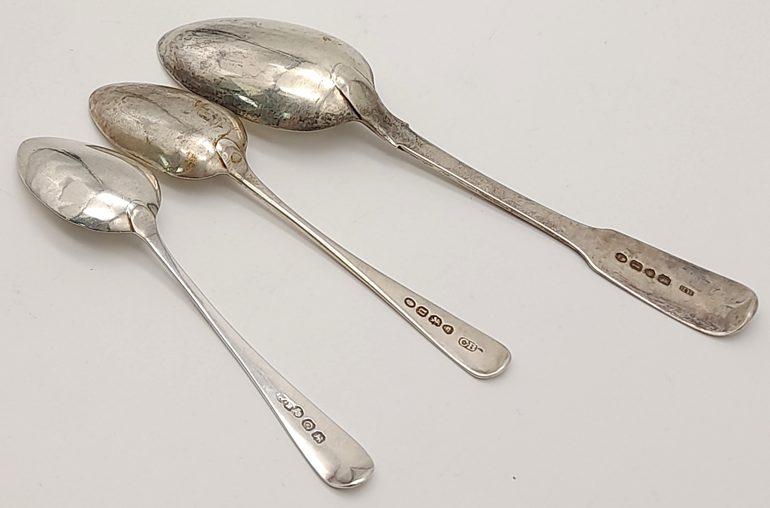 Three Pieces of Georgian Sterling Silver Flatware. Two small spoons and one serving spoon. Hallmarks - Image 3 of 5