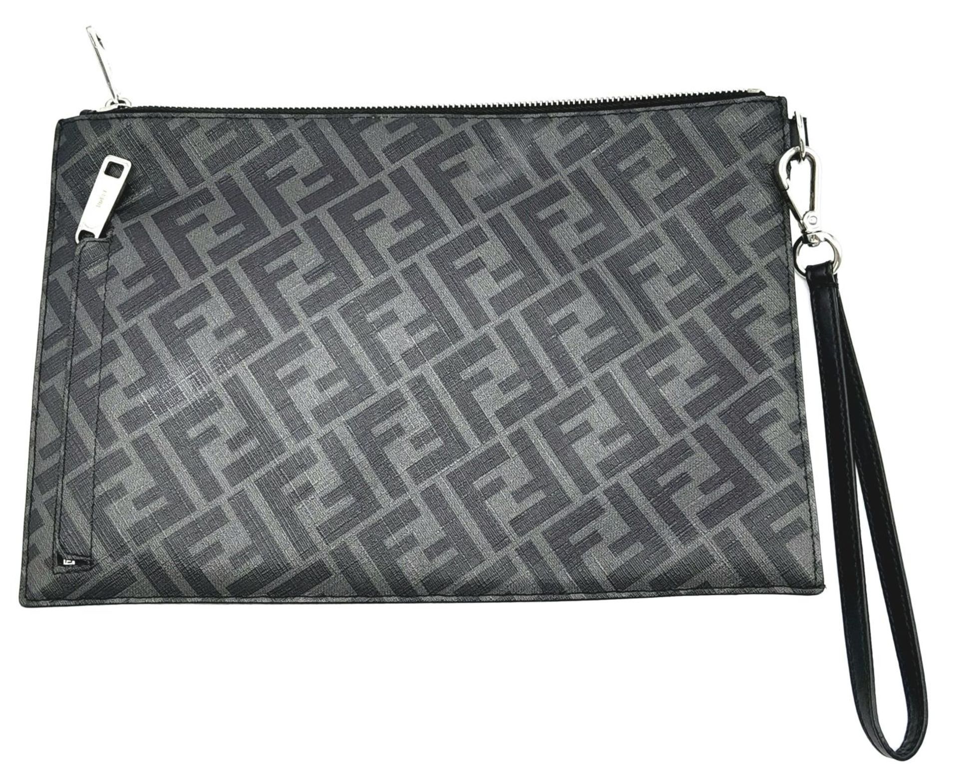 A Fendi Black, Grey and Yellow Diagonal Men's Clutch/Pouch. Leather and canvas exterior with - Image 2 of 6