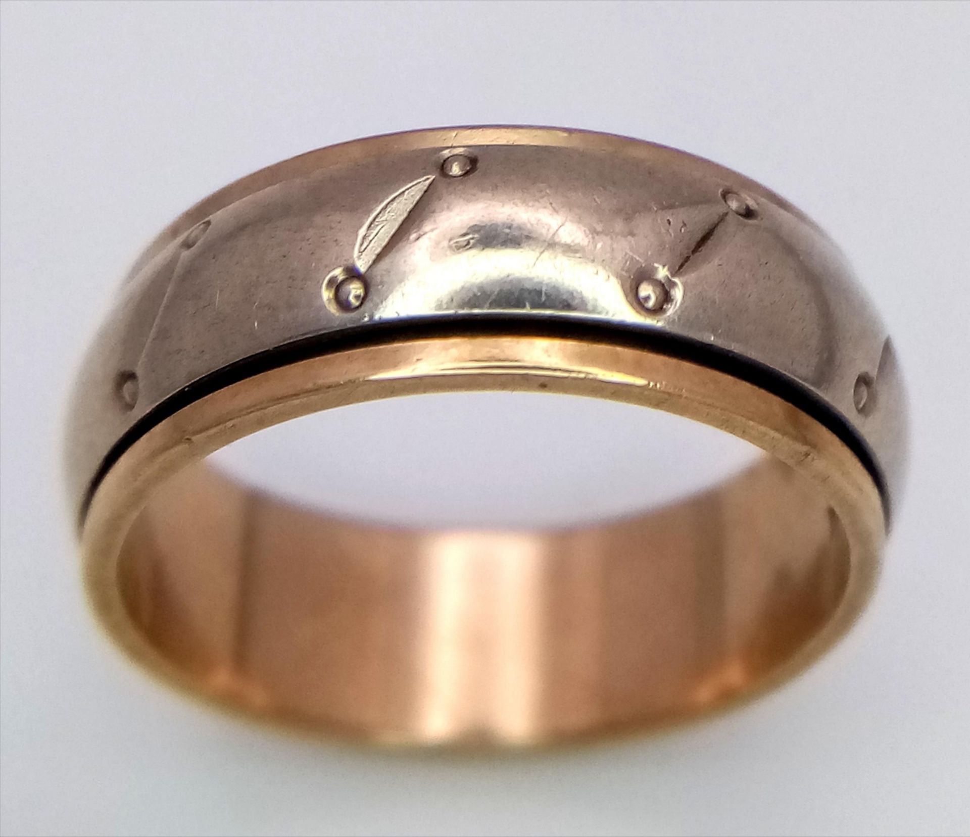 A Vintage 9K Yellow and White Gold Band Ring. 7mm width. Size Q. 5.9g. - Image 2 of 5