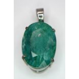 A 27ct Oval Cut Emerald Pendant. Set in 925 Sterling Silver. W-17g. 3.5cm. Ref: VO-1945