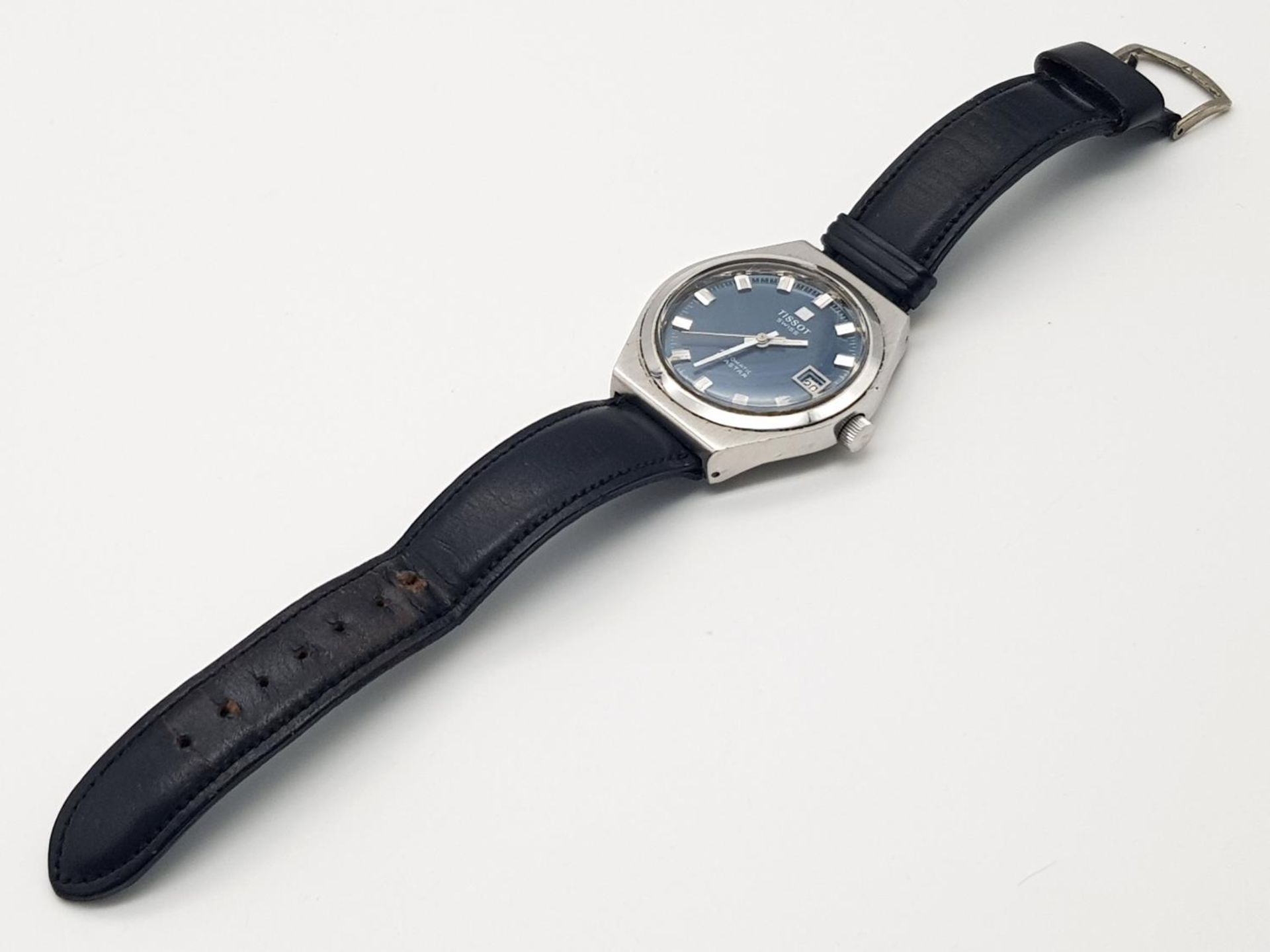 A Vintage Tissot Automatic Gents Watch. Black leather strap. Stainless steel case - 37mm. Blue - Bild 5 aus 6