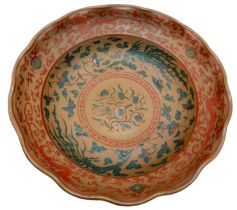 An Antique Large Chinese Ceramic Plate. Colourful green and red decorative dragon overglaze. 35cm