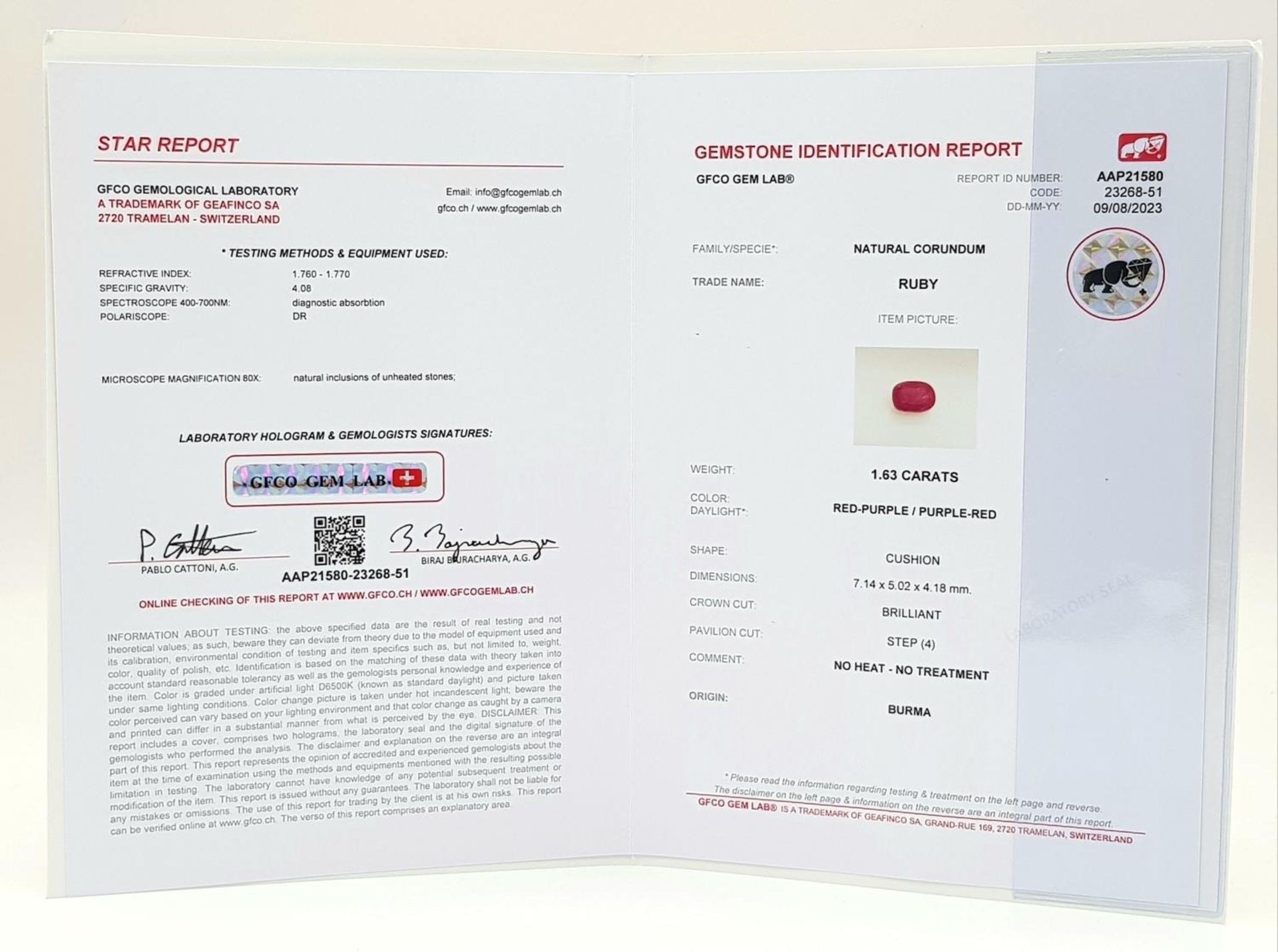 A 1.63ct Untreated Rare Burma Ruby Gemstone - GFCO Swiss Certified. - Bild 5 aus 5
