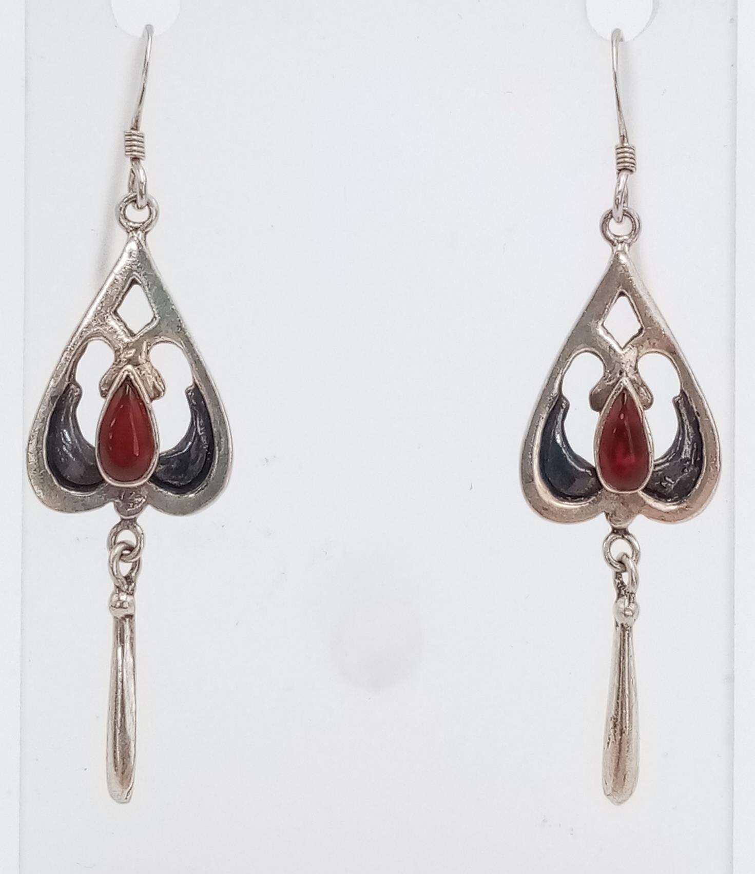 A Vintage Pair of Sterling Silver and Enamel Carnelian Set Art Nouveau Design Earrings. 7.5cm Drop.
