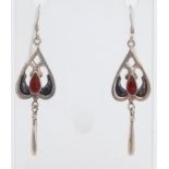 A Vintage Pair of Sterling Silver and Enamel Carnelian Set Art Nouveau Design Earrings. 7.5cm Drop.