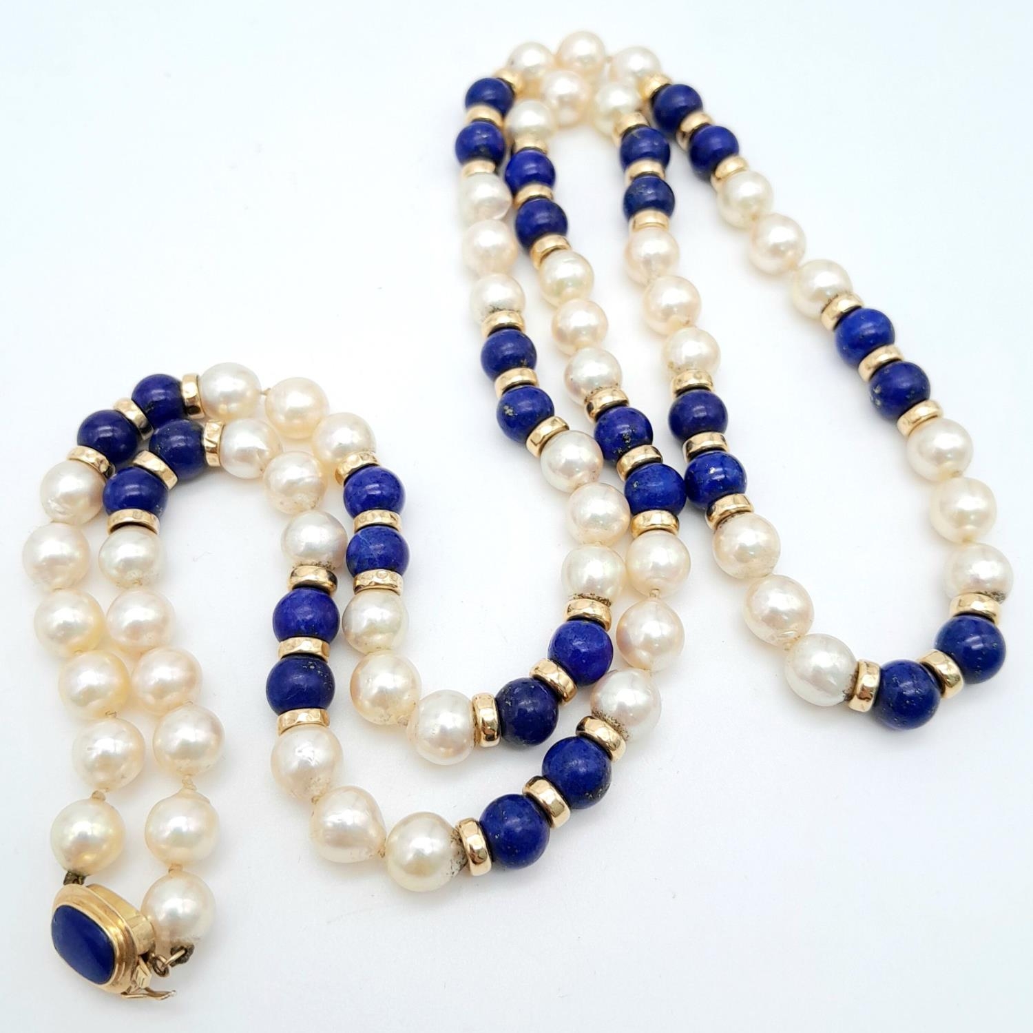 A Lapis and Pearl Necklace with 14K Gold Spacers and Clasp. 68cm - Image 3 of 6