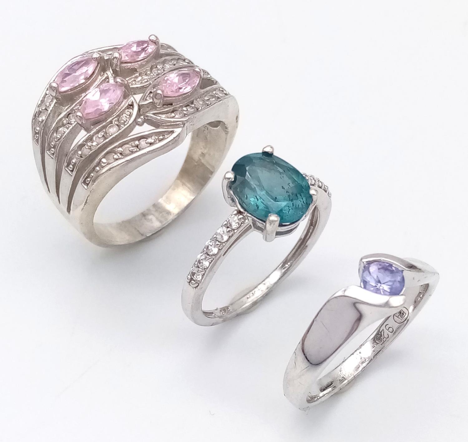 Three 925 Silver Different Style Stone Set Rings. Sizes: 2 X L, 1 x R.