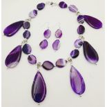A statement, purple banded agate necklace and earrings set, necklace length: 45 cm, earrings length: