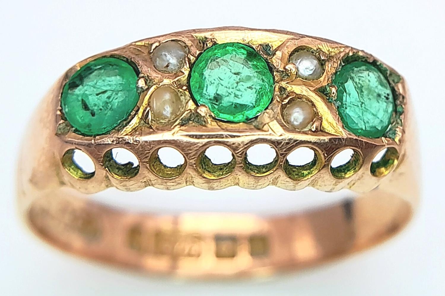 A Vintage 9K Yellow Gold Emerald and Seed Pearl Ring. Size P, 2.22g total weight.