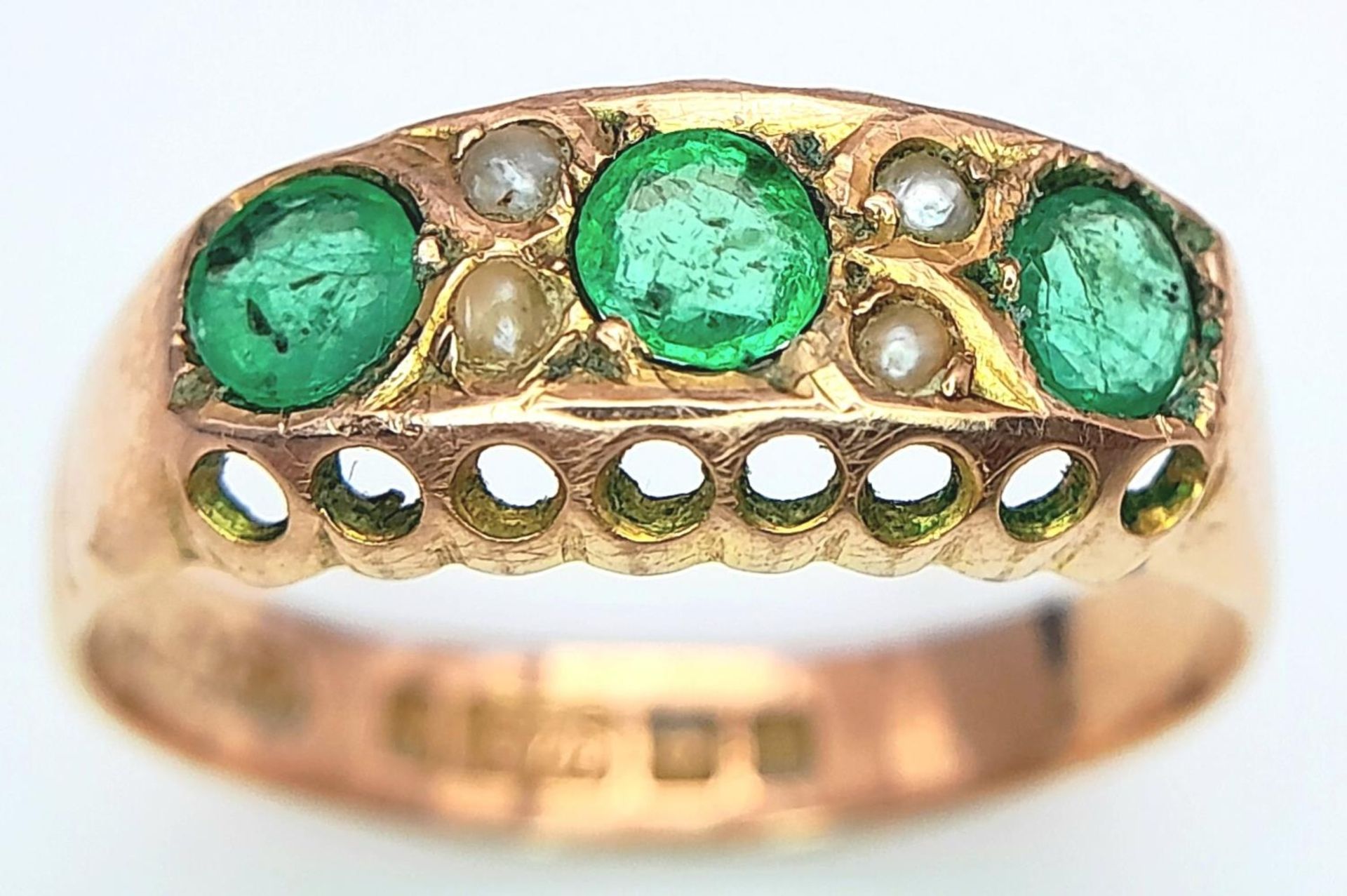 A Vintage 9K Yellow Gold Emerald and Seed Pearl Ring. Size P, 2.22g total weight.
