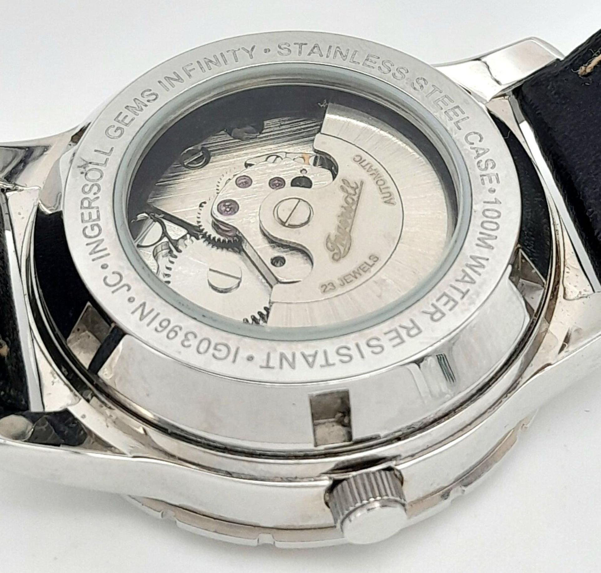 An Ingersoll Automatic Skeleton Ladies Watch. Black leather strap. Stainless steel case - 32mm. - Bild 5 aus 6