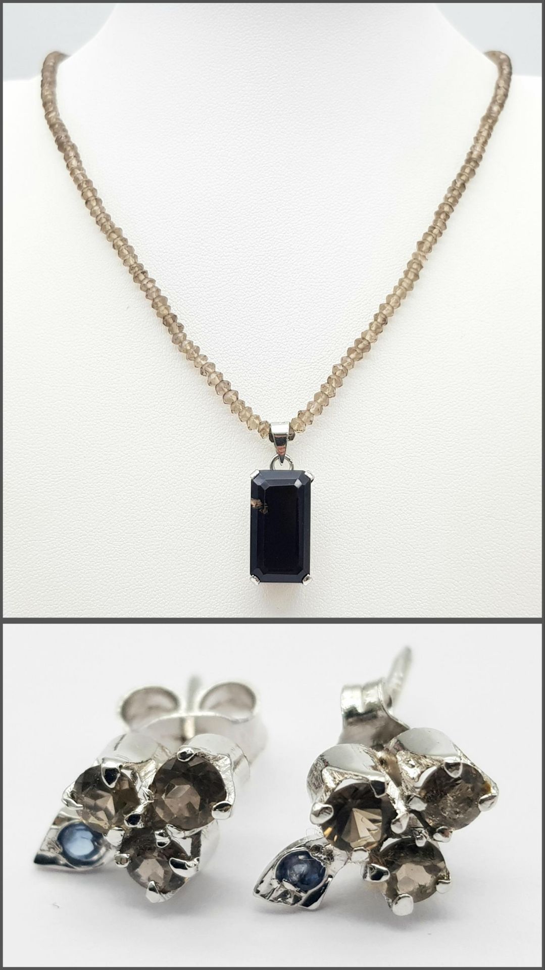 A Hand-Made Smoky Quartz Necklace, Pendant and Stud Earrings Set Made. 50ctw. W-16g. Ref: HV-2186