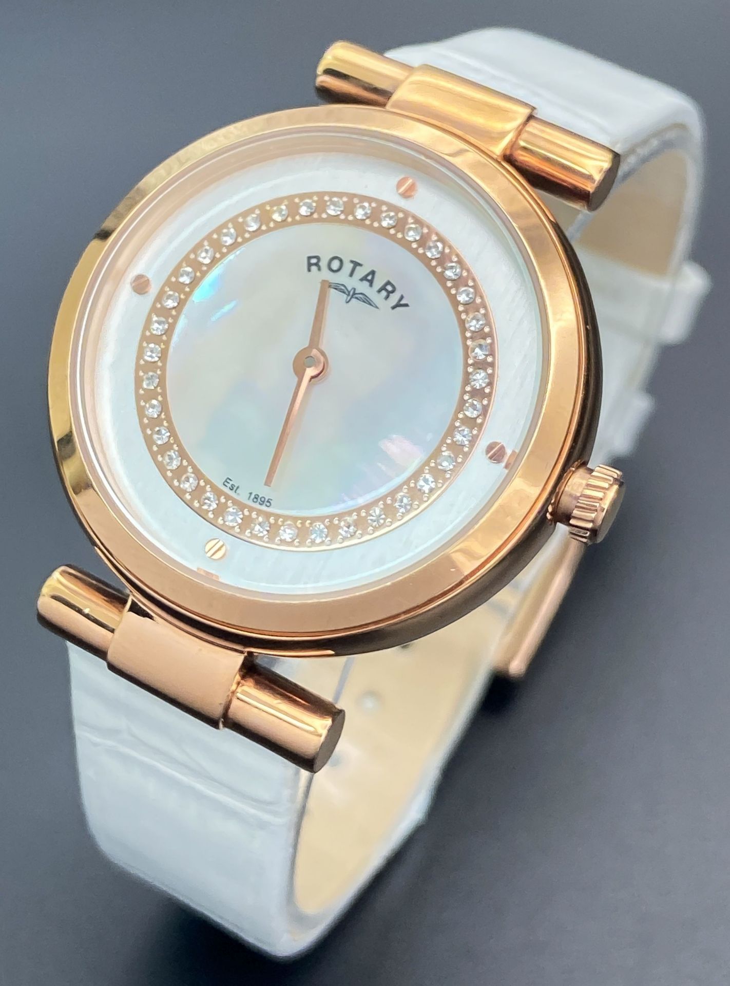 An Ex Display Ladies Rose Gold-Toned, Clear Stone Set Watch by Rotary. New Battery Fitted April