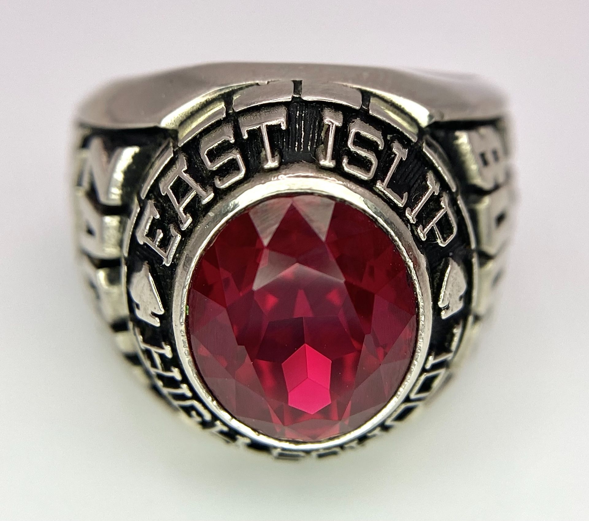 A 10K White Gold and Ruby Gents High School Ring. Size P 1/2. 18g total weight. Ref: 17043 - Image 7 of 9