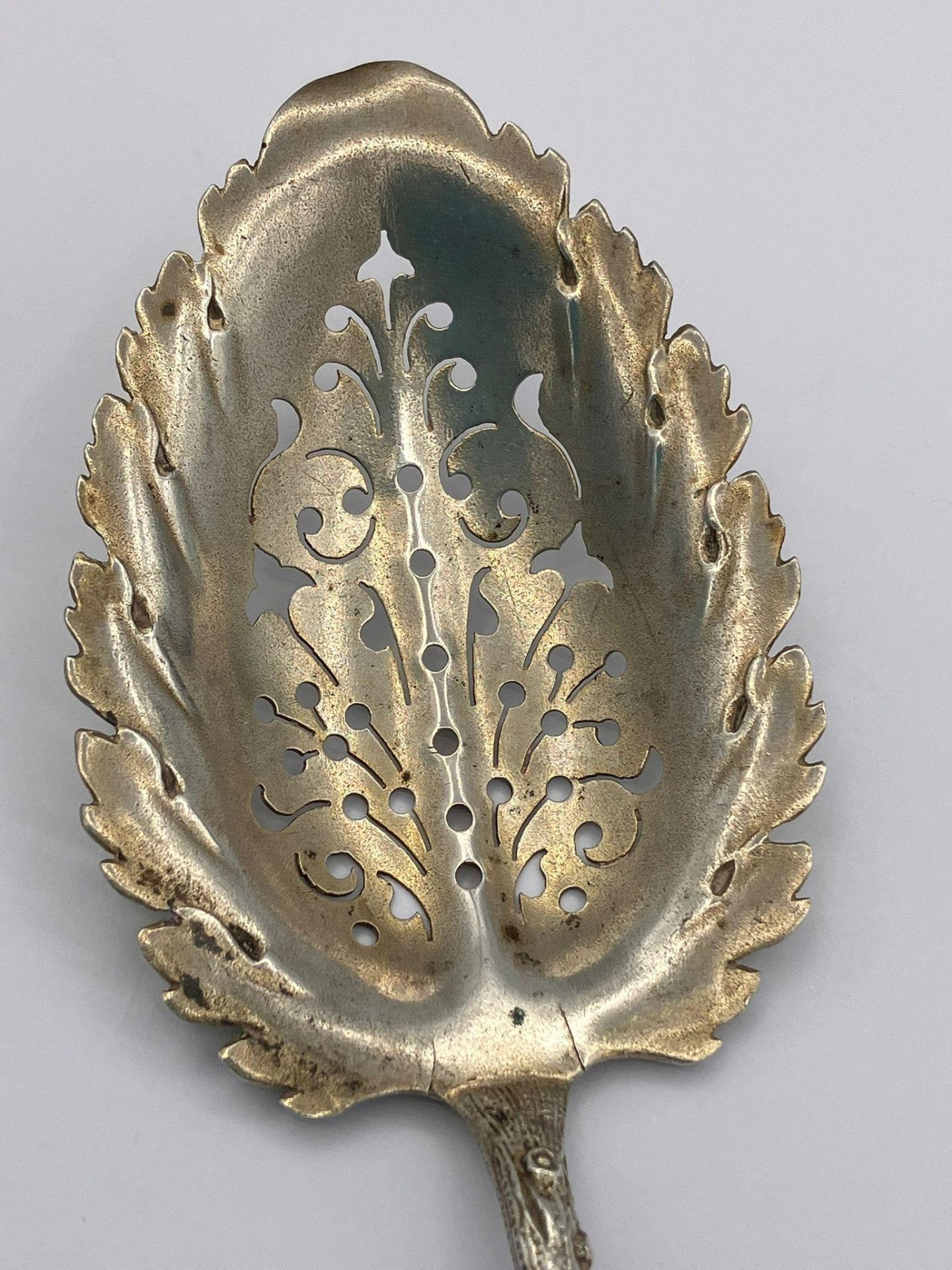 Rare Antique SILVER SIFTING SPOON in the shape of a branch.Having a leaf design bowl with a twig - Image 2 of 3