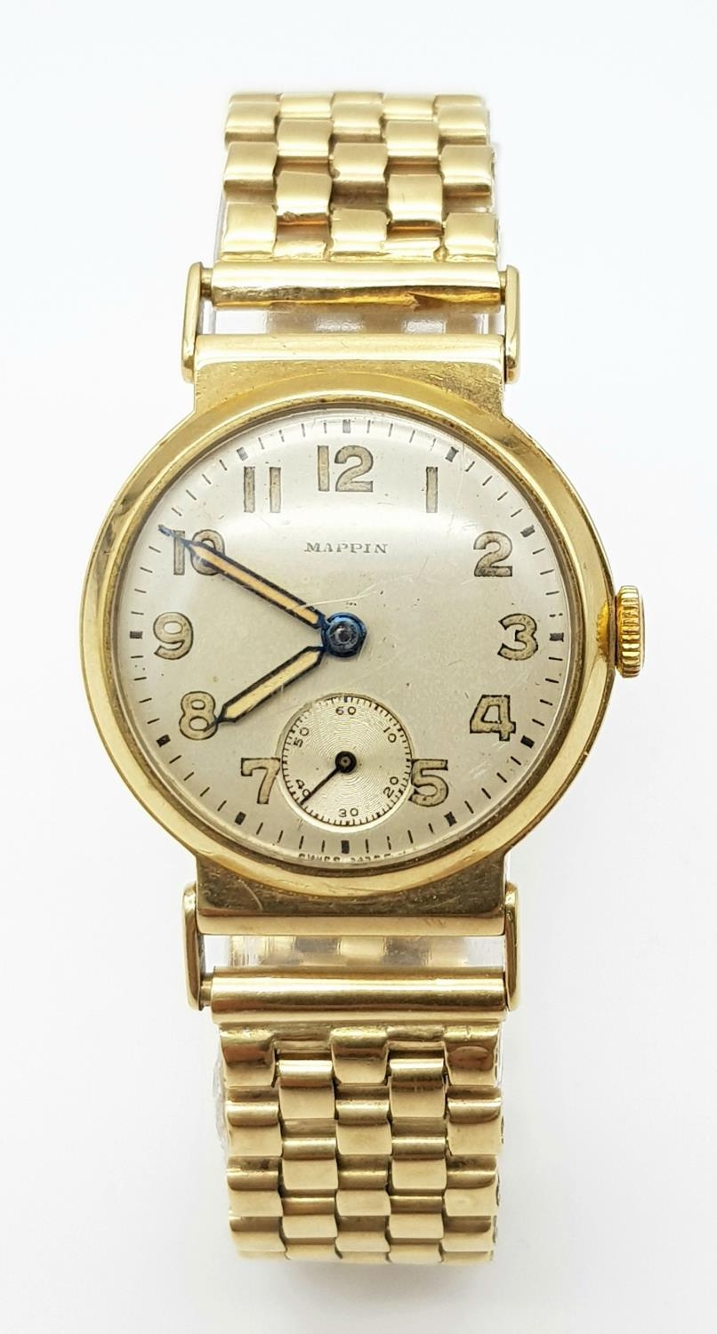 A Vintage (1950s) Mappin and Webb 9K Gold Watch. 9K gold bracelet and case - 28mm. Patinated dial - Image 2 of 9