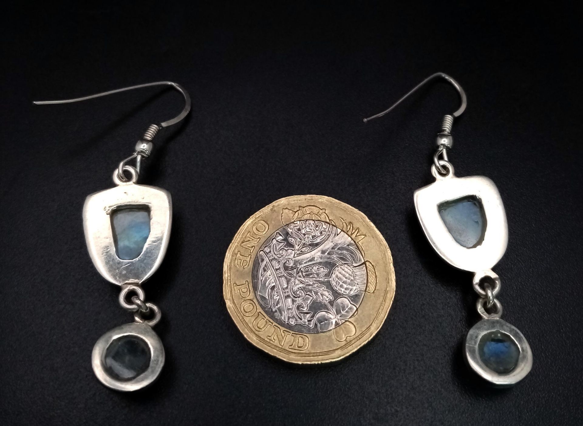 A Pair of Sterling Silver Rainbow Moonstone Earrings. 4.5cm Drop. Set with a 9mm Long Fancy Cut - Image 3 of 4