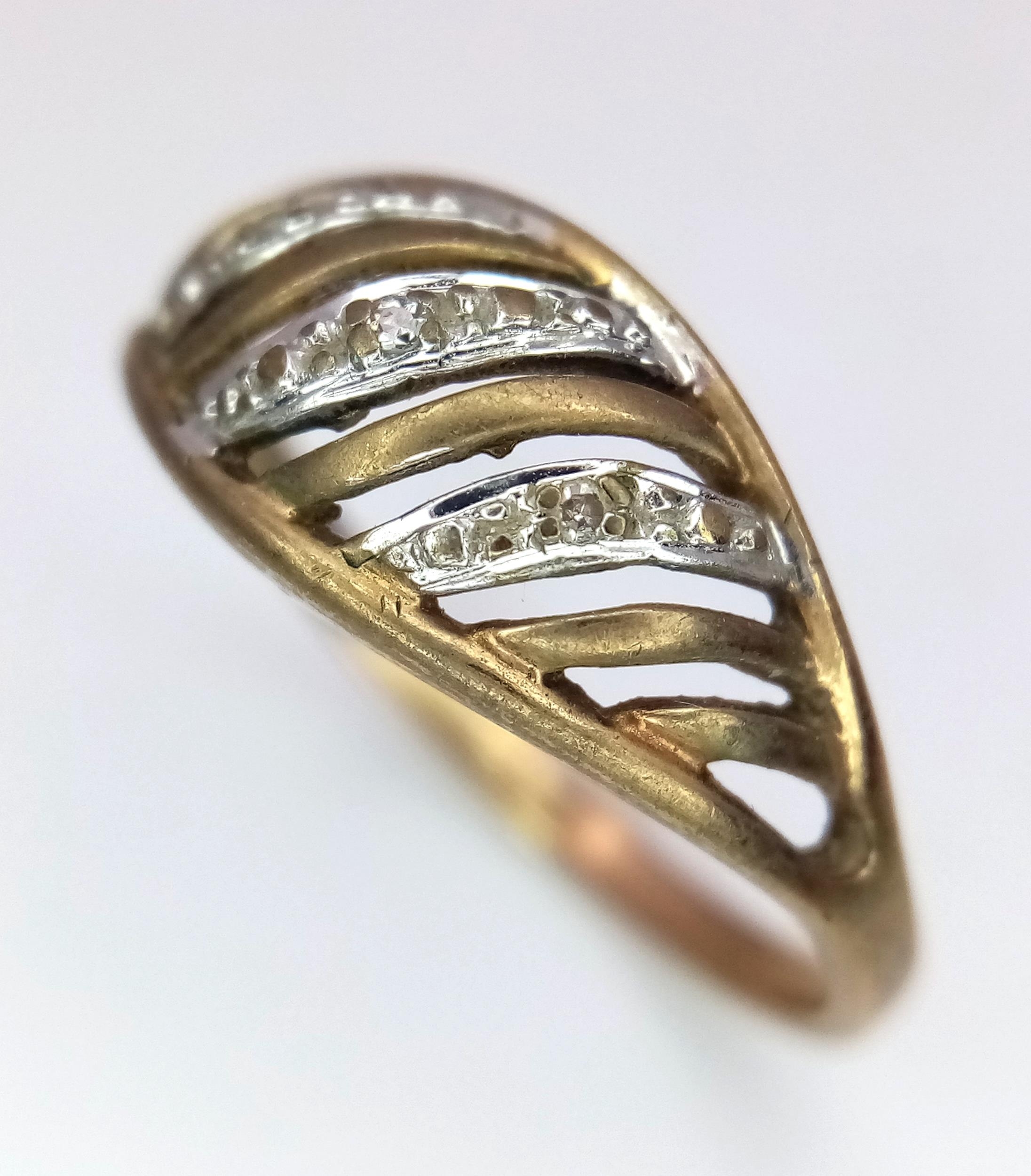 A Vintage 9K Yellow Gold Small Diamond Wave Ring. Size N. 1.8g weight. - Image 3 of 5