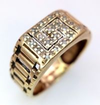A Vintage 9K Yellow Gold and Diamond Decorative Belt Buckle Gents Ring. Size T. 4.4g total weight.
