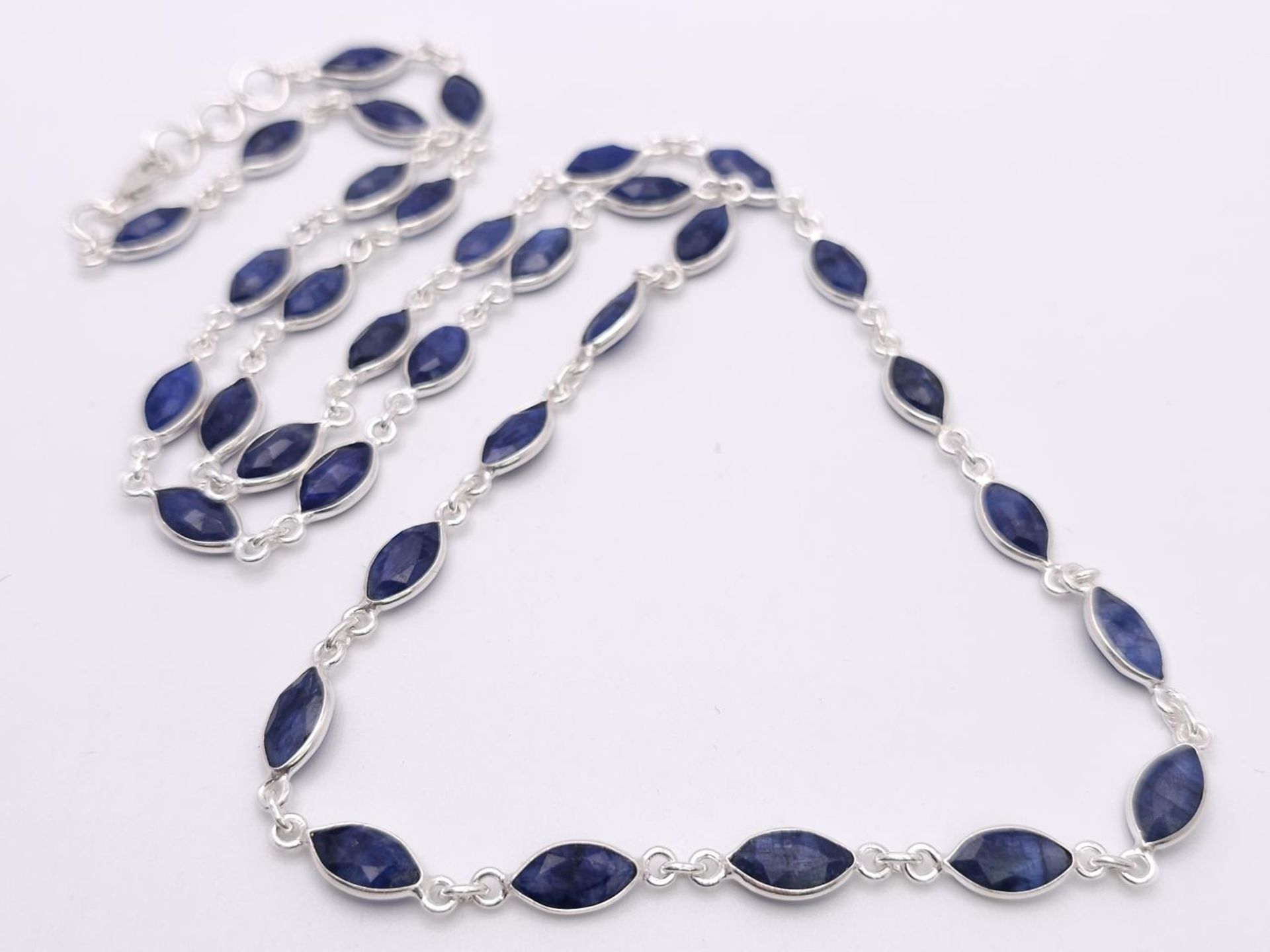 A Marquise Shape Blue Sapphire Long Chain Necklace. Set in 925 Silver. 62cm. Ref: CD-1318 - Image 2 of 5