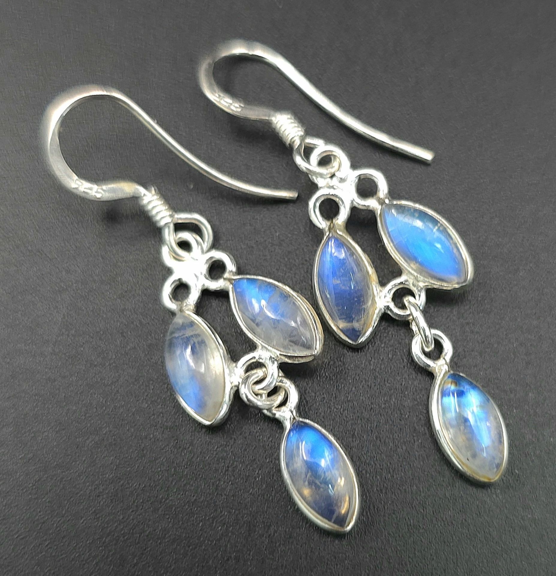 A Pair of Sterling Silver Lavaliere Design Oval Cut Moonstone Earrings. 4cm Length. Each Set with