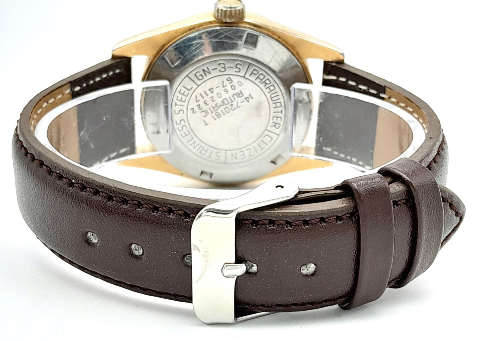 A Citizen Automatic Stone Set Watch. Brown leather strap. Gold plated case - 36mm. Gold tone dial - Image 4 of 6