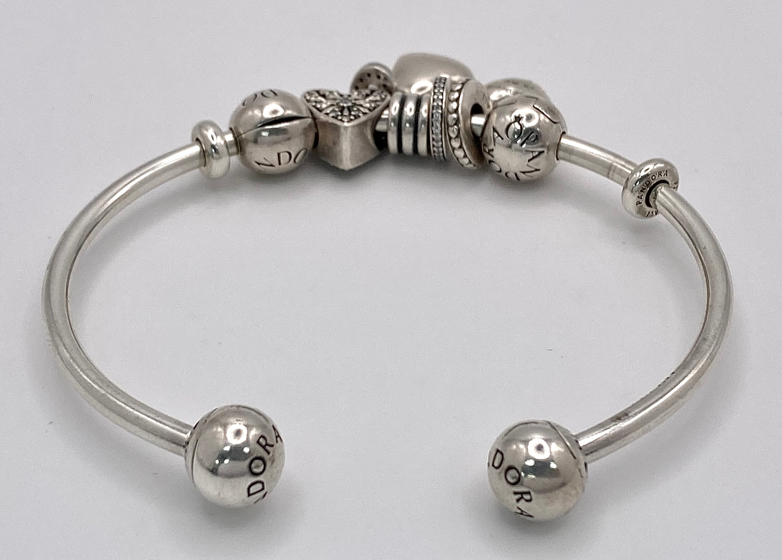 A Pandora 925 Silver Charm Cuff Bangle. Comes with a Pandora presentation case. - Image 2 of 4