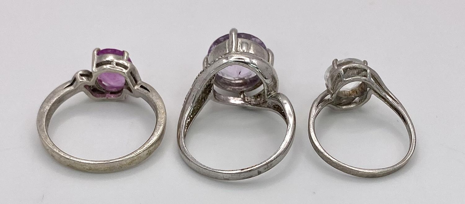 Three 925 Silver Different Style Stone Set Rings. Sizes: 2 X S. 1 X O. (one stone missing from - Image 3 of 6