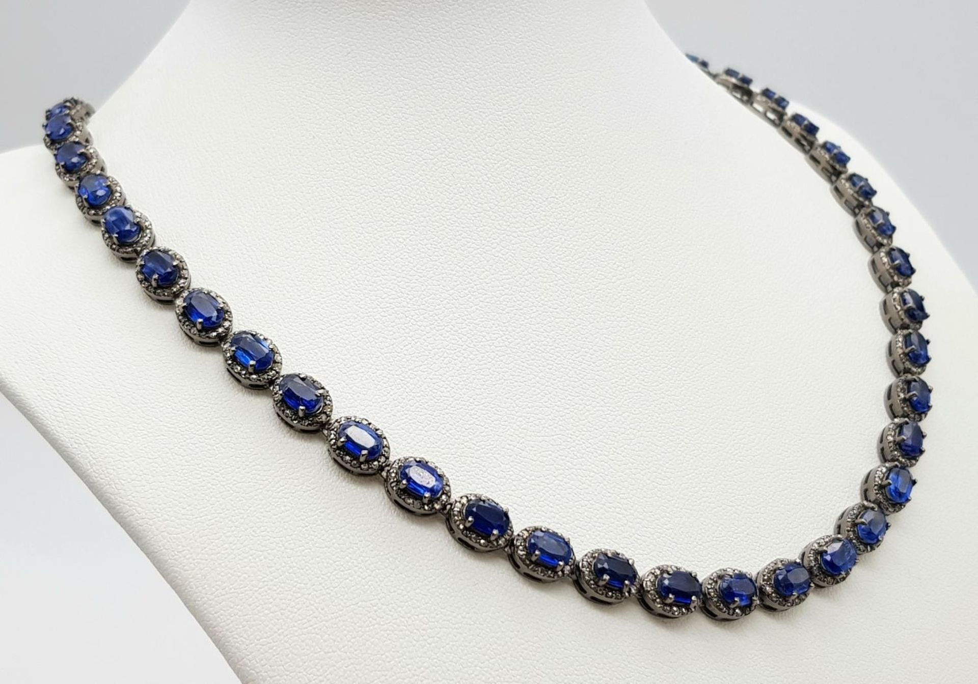 A 25ctw Kyanite Gemstone Tennis Necklace with Diamond Accents. 4ctw of old cut diamonds. Set in - Image 2 of 6