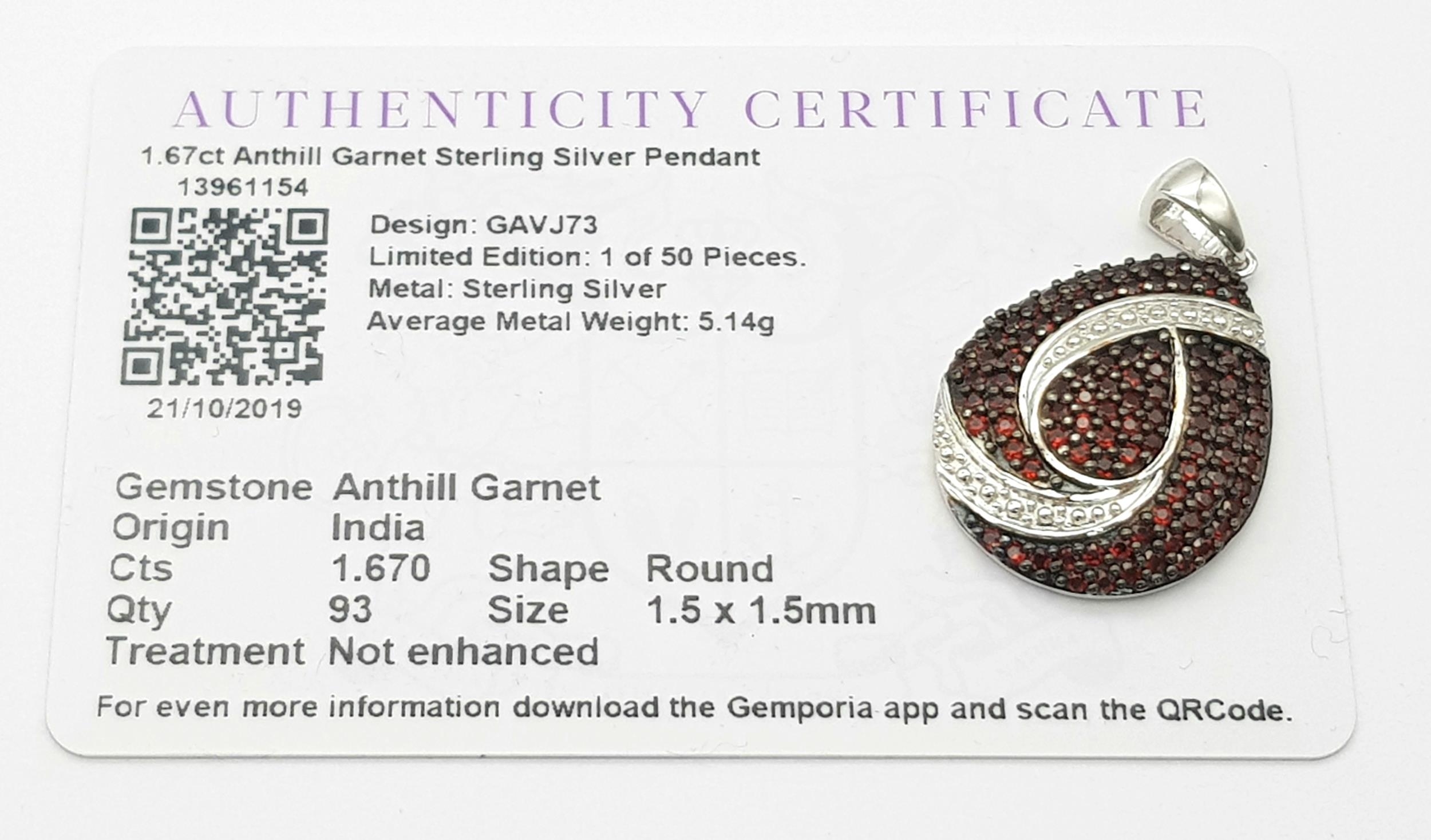 An Unworn, Fully Certified Limited Edition (1 of 50), Sterling Silver and Anthill Garnet Pendant. - Image 6 of 7